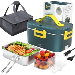AZOMKER Scaldavivande Elettrico Portatile 75W 3 in 1 Lunch Box Portatile 1,8L Scaldavivande Porta Pranzo con Acciaio Inox Forchetta Cucchiaio e Borsa Termica per Auto Camion e Ufficio (Verde scuro)