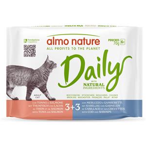 Almo Nature Daily - Alimento Umido Completo per Gatti Adulti con Tonno e Salmone e Merluzzo e Gamberetti - 6 Bustine da 70 g