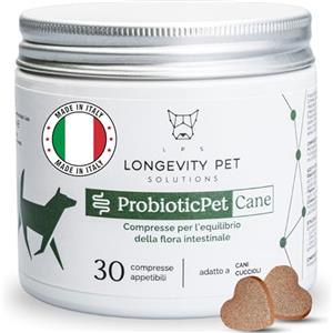LPS ProbioticPet Cane 30 Compresse per Prurito, Dermatite, Digestione | Probiotici per Cani FOS e MOS | Integratori per cani | Supporto per Diarrea Cane e Gatto | Made in Italy Longevity Pet