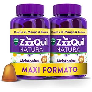 ZzzQuil Natura, Melatonina Per Dormire, Integratore con Melatonina pura ed Estratti Di Valeriana, Camomilla e Lavanda, Maxi Formato 2x72 Pastiglie Gommose, Gusto Mango e Banana