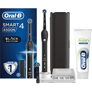 Oral-B Spazzolino Elettrico Ricaricabile Smart 4 4500 CrossAction, Nero, 3 Modalità Di Spazzolamento, 2 Testine, Custodia Da Viaggio Premium + Dentifricio Oral-B Gengive Purify Pulizia Profonda