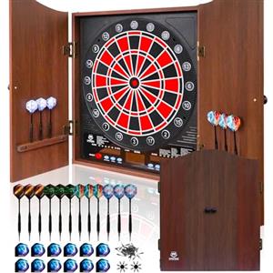 WIN.MAX Bersaglio elettronico per freccette con LED elettrico digitale per adulti con armadio in legno massiccio, adatto per (Brown with Light Brown, Wooden Outer Box)