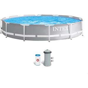 Intex 26712NP - Piscina Fuori Terra Prisma Frame Rotonda, Pompa Filtro 2006 L/h, 6503 L, Acciaio e PVC, Grigio, 366x76 cm