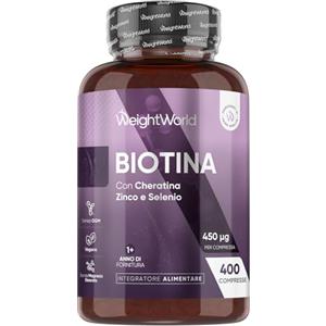 WeightWorld Biotina Capelli 450μg, 400 Microcompresse Vegane (13+ Mesi), Integratori per Capelli con Cheratina e Zinco, Vitamina B7 e Selenio, La Biotina Contribuisce al Mantenimento di una Pelle Normale (EFSA)