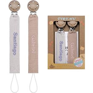 TYRY.HU Catenella Portaciuccio con Nome Personalizzata Porta Succhietto Clip di Legno Cotone Bambine Ragazzi Massaggiagengive Ciuccio Clip Baby Regalo, 2 Pezzi