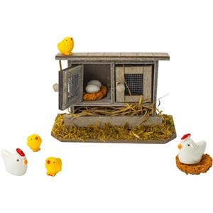 Super Idee Pollaio in miniatura con polli, pulcini e uova, accessorio per presepe per casa delle bambole, Pasqua, primavera, decorazione in miniatura, giardino delle fate, fattoria, Natale, porta del