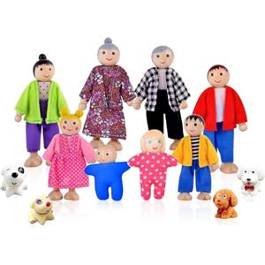 Riisoyu 8 Pezzi Famiglia Di Bambole Di Legno, Casa Delle Bambole in Finta Accessori di Legno Piccole Con Cane Miniature Pupazzi Flessibili Casa Delle per Bambini Casa da Gioco Idea Regalo