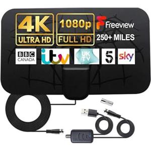 AUTERCO Antenna TV, Antenna TV Interna HDTV Digitale 250+ Miglia Amplificata con Amplificatore di Segnale Support 4K HD/VHF/UHF per Home Smart Televisione/Radio