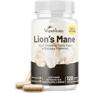 Vegan Vitality Lions Mane Mushroom Integratore Vegano 120 Capsule - Estratto di Criniera di Leone (Hericium Erinaceus) con Bacopa Monnieri, Gotu Kola, Ginseng. Funghi Medicinali