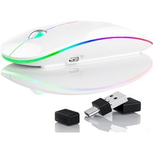 Uiosmuph U20 LED Mouse Wireless, 2.4G Mouse Wireless Ricaricabile, PAW 3212 Sensore Ottico 4800 DPI mouse senza fili con Convertitore USB e Tipo-C per laptop, PC, Mac, Bianca