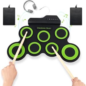 SWEWARM Set di 7 tamponi per batteria elettronica, con jack per cuffie da 3,5 mm e 2 pedali, con batteria USB/batteria, regalo per bambini, adulti, principianti, facile da usare
