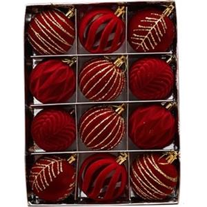 MLordoarf Set di 12 palline floccate, in velluto vintage rosso e oro, decorazione per albero di Natale floccata bordeaux, grandi palline decorative infrangibili da appendere per ghirlande natalizie