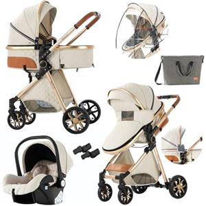 Doraystar Passeggino 3 in 1, Passeggino Trio con Due Modalità di Spinta Reversibile, Trio Passeggino Neonati con Design Pieghevole in Un Clic, Trio Neonato con Grande Nacelle Comoda (V9 Creamy White)