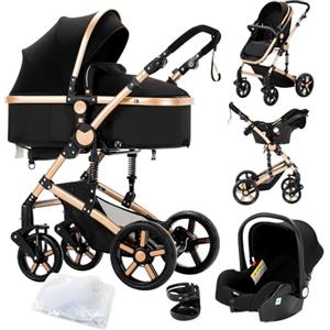 Doraystar Passeggino 3 in 1, Passeggino Trio con Due Modalità di Spinta Reversibile, Trio Passeggino Neonati con Design Pieghevole in Un Clic, Trio Neonato con Grande Nacelle Comoda (588 Black Gold)