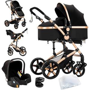 MoLi Passeggino Trio, Passeggino 3 in 1 con Doppia Modalità Push Reversibile, Trio Passeggino Neonati con Grande Navicella, Carrozzina per Neonati in Alluminio Pieghevole (588 Noir Gold)