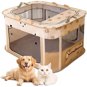 ALLSOPETS Recinto per Cani da Interno Pieghevole, Anche per Esterno, Box Traspirante Portatile per Gatti Conigli Cuccioli con Borsa da Trasporto, per Viaggi e Campeggio (Orso Marrone, XXL)
