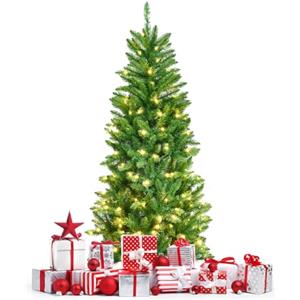 KOMFOTTEU Albero di Natale Artificiale 150/180/210 cm, Albero di Natale con Luci LED Incorporate e Supporto in Metallo, Christmas Tree con Rami in PVC, per Casa, Negozio, Ufficio, Feste (S)