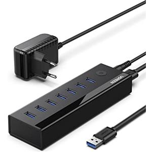 UGREEN Hub USB 3.0, 7 Porte USB 3.0 a 5Gbps, Alimentatore 10W Incluso, Indicatore LED, USB Hub per PC, MacBook, Surface, Disco Rigido, Chiavetta USB, Mouse, Tastiera, Stampante, ECC