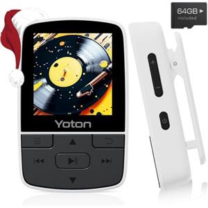 YOTON 64GB Lettore MP3 Bluetooth, Lettore musicale sportivo portatile con clip, Suono Hi-Fi senza perdita di dati, Radio FM, Cronometro, Registratore, Contapassi, Viene fornito con auricolare, Bianco