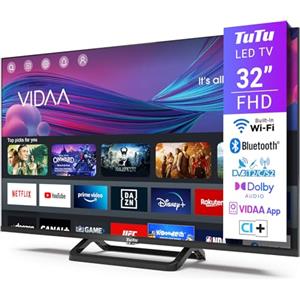 TuTu TUV32FN1B Smart TV 32 Pollici Full HD, LED Televisori con Wi-Fi, Bluetooth 5.0, App Store, Triple Tuner (DVB-T/T2, DVB-C, DVB-S/S2), HDMI, USB, Base Centrale [2024]