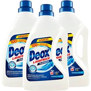 Deox - Detersivo Lavatrice Liquido Classico, Smacchia e Igienizza, con Formula Antiodore, 30 Lavaggi x 3 Confezioni