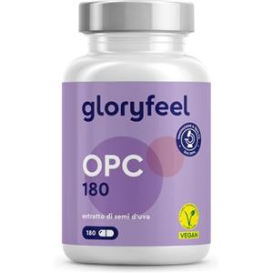 Gloryfeel Integratore OPC (95%) Estratto di semi d'uva Resveratrolo con Vitamina C, 180 Capsule, 1000mg di OPC puro da Uve Francesi, Antiossidante per Circolazione, Proantocianidina Oligomerica 95%