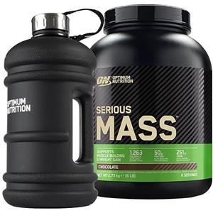 Optimum Nutrition Serious Mass Proteine in Polvere ad Alto Contenuto Calorico per Sviluppo Massa Muscolare con Vitamine Minerali Creatina Glutammina Gusto Cioccolato 8 Dosi 2,73Kg + BORRACCIA GRANDE