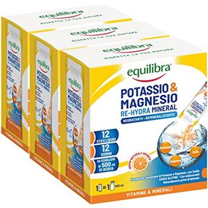 Equilibra Potassio & Magnesio Re-Hydra Mineral Integratore Alimentare con Vitamine e Minerali Gusto Arancia Gluten Free Senza Lattosio - 3 Confezioni con 12 Stick Liquidi da 30ml ognuna