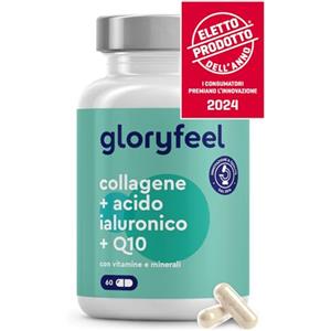 Gloryfeel Collagene Marino con Acido Ialuronico, con Coenzima Q10, Vitamina C e Zinco, Vitamine A, B12, D3, Magnesio, 60 Capsule, Collagene Marino Idrolizzato, Collagene Integratore Pelle, Ossa e Articolazioni