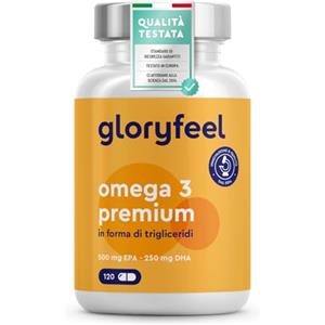 Gloryfeel Omega 3 Olio di Pesce, 1000mg di Omega 3 500 mg EPA + 250 mg DHA, Integratore Olio di Pesce Omega 3 Capsule, 120 Capsule, Omega3 Fish Oil, Cuore & Cervello Sani, Testato in Laboratorio