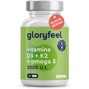 Gloryfeel Vitamina D3 + K2 + Omega 3, 90 Capsule Softgel, 2000UI Vitamina D, 100 µg Vitamina K, 1000mg Olio di Pesce 400mg EPA e 300mg DHA, Vit D3 Colecalciferolo + Vit K2 MK7 99% (K2VITAL® di Kappa) + Fish Oil