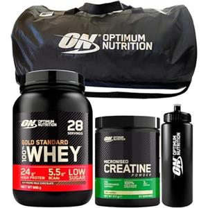 Optimum Nutrition Gold Standard 100% Whey Proteine Polvere Gusto Cioccolato al Latte 28 Dosi 896g + Micronised Creatine Powder Creatina Monoidrato Micronizzata Pura 93 Dosi 317g + BORSONE + BORRACCIA