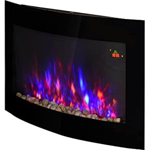 HOMCOM Caminetto Elettrico da Parete con Effetto Fiamma Colorato con Telecomando, in Acciaio Inox e Vetro 65x11.4x52 cm, Nero