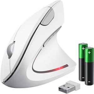 Trust Verto Mouse Verticale Wireless, Mouse Ergonomico senza Filo, Ridurre la Tensione del Braccio e del Polso, 800-1600 DPI, 6 Pulsanti, PC, Computer, Portatile, Mac, Batterie Incluse - Bianco