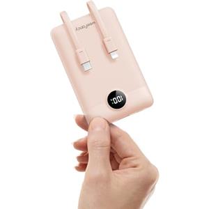 WeeFancy Power Bank 10000mAh 22,5W Caricatore Portatile Ricarica Rapida Mini Powerbank con Cavi Integrati Batteria Esterna con 3 Uscite & 3 Ingressi per iPhone Samsung Huawei Xiaomi iPad ecc. (Rosa)