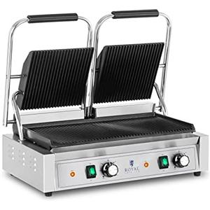 Royal Catering Piastra per Panini Toast e Bistecchiera Elettrica Doppia (Acciaio Inossidabile, Ghisa, 50-300 °C, 3600 W, Rigata)