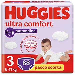 Huggies Ultra Comfort, Pannolini Taglia 3 (6-11 Kg), Mutandina traspirante, Pacco Scorta, 88 Pz