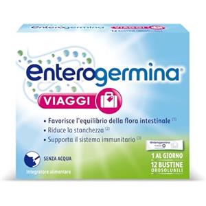 Enterogermina Viaggi, Vitamina b12, Vitamina d, Fermenti Lattici, Probiotici, Integratori Equilibrio Flora Intestinale in Viaggio, aiuto per Stanchezza e Sistema Immunitario (12 Bustine Gusto Fragola)