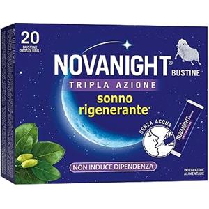 NOVANIGHT Tripla Azione, Integratore Alimentare con Melatonina per Dormire, Magnesio e Griffonia, Senza Glutine, 20 Bustine Orosolubili al Gusto Camomilla e Agrumi, Non Induce Dipendenza