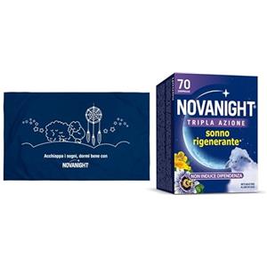 NOVANIGHT Tripla Azione Sonno Rigenerante, Integratore Alimentare con Melissa e Melatonina per Dormire, Senza Glutine, 70 Compresse, Non Induce Dipendenza, con Federa Sogni