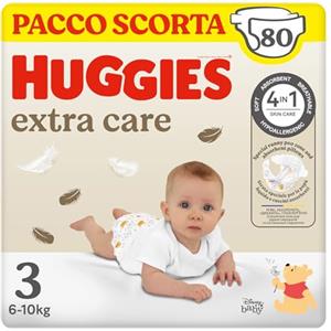 Huggies Extra Care, Pannolini Taglia 3 (6-10Kg), Ultra assorbente, Design Disney, Pacco Scorta, 80 Pz