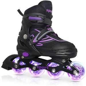 LOKJIJI Pattini in linea regolabili per bambini ragazze ragazzi principianti, Pattini a rotelle per bambino e adolescente per lo sport Nero e viola (Grande)
