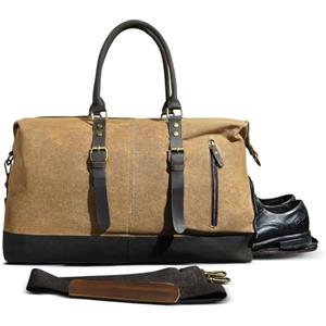 Handadsume Borsone da viaggio in tela resistente all'acqua + pelle, borsone da palestra borsa da viaggio per uomo FB8151 (X-8154-Khaki), X-8154-Cachi, Medium, Stile vintage retrò elegante Street Free