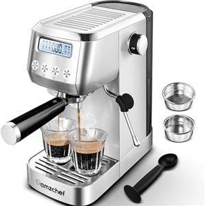 AMZCHEF Macchina Caffè e Cappuccino 20 Bar | Macchina Caffè in Polvere Semiprofessionale | 1350W Macchina Caffè con Serbatoio Estraibile 1,3L, Portafiltro Singoli e Doppi Tazza 2 In 1 per Espresso