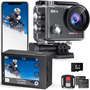 Hiicam Speed 10 Action Cam 5K 30FPS 30MP Fotocamera Impermeabile Subacquea 40M con EIS, Telecamera Sportiva con Telecomando Zoom 5X, 170° Grandangolare, Batteria 2x1350mAh/Accessori