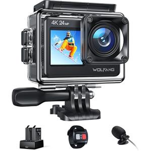 WOLFANG Dual Screen Action Cam GA200 4K 24MP WiFi EIS Anti-Shock Fotocamera 40M Subacquea Videocamera con Microfono Esterno, Telecomando 2.4G, Caricabatterie, Batterie 2x1050mAh e Accessori