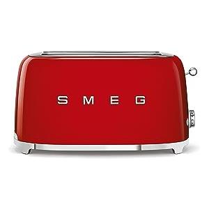 Smeg, Tostapane 2x4 TSF02RDEU, 2 Scomparti per 4 fette, 6 Livelli di Doratura, Funzione Riscaldamento, Scongelamento e Bagel, Espulsione Automatica del Pane, Cassetto Raccoglibriciole, 1500W, Rosso