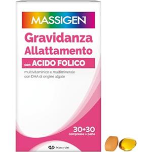 Massigen DailyVit+ - Multivitaminico, Gravidanza e Allattamento, Senza Glutine, In grado di Favorire lo Sviluppo fisiologico Cerebrale e degli Occhi del Feto, 30 Compresse da 11 g + 30 Perle da 700 mg