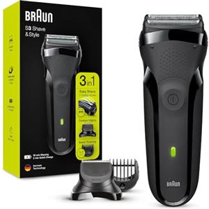 Braun Series 3 RASOIO ELETTRICO BARBA Shave&Style 300BT 3-In-1, REGOLABARBA di Precisione, 5 Pettini, Ricaricabile, senza Fili, Nero