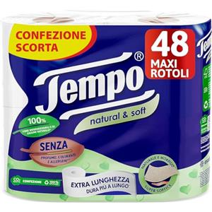 Tempo, Carta Igienica Natural & Soft, Morbida e Resistente, 48 Maxi Rotoli, Composti da 100% di Fibre Biodegradabili, Senza Profumo o Allergeni